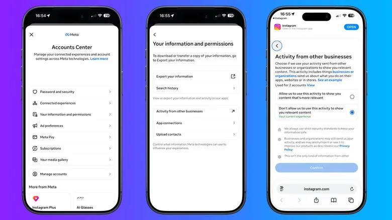 Three iPhone screens show the path from Meta Accounts Center to Your information and permissions, then the Activity from other businesses control with personalization disabled.