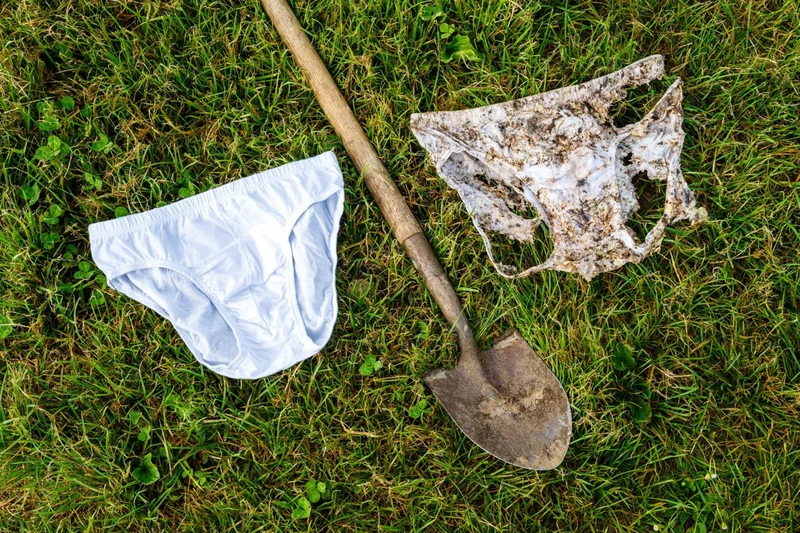A new pair of cotton underwear, a pair that's partially buried in the ground, and a shovel lying between them in the grass.
