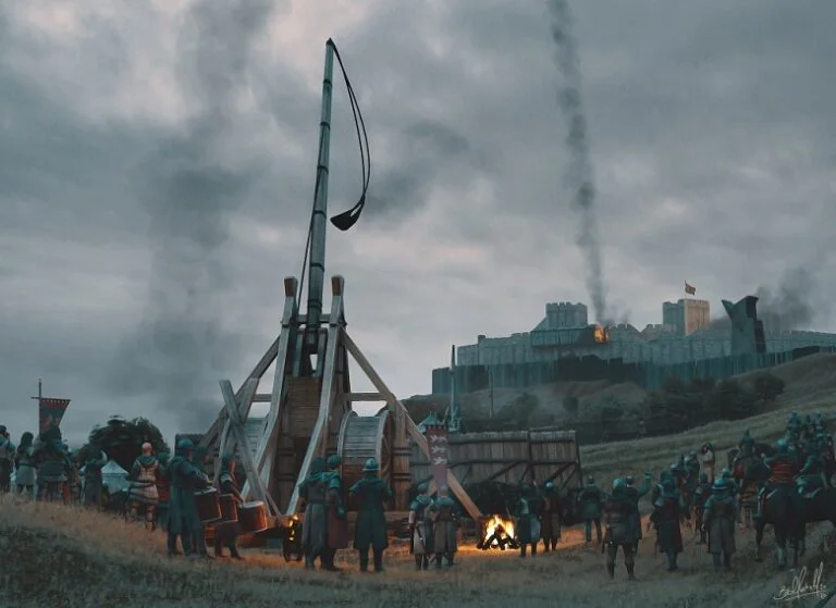 painting of a large trebuchet flinging a burning projectile at a castle