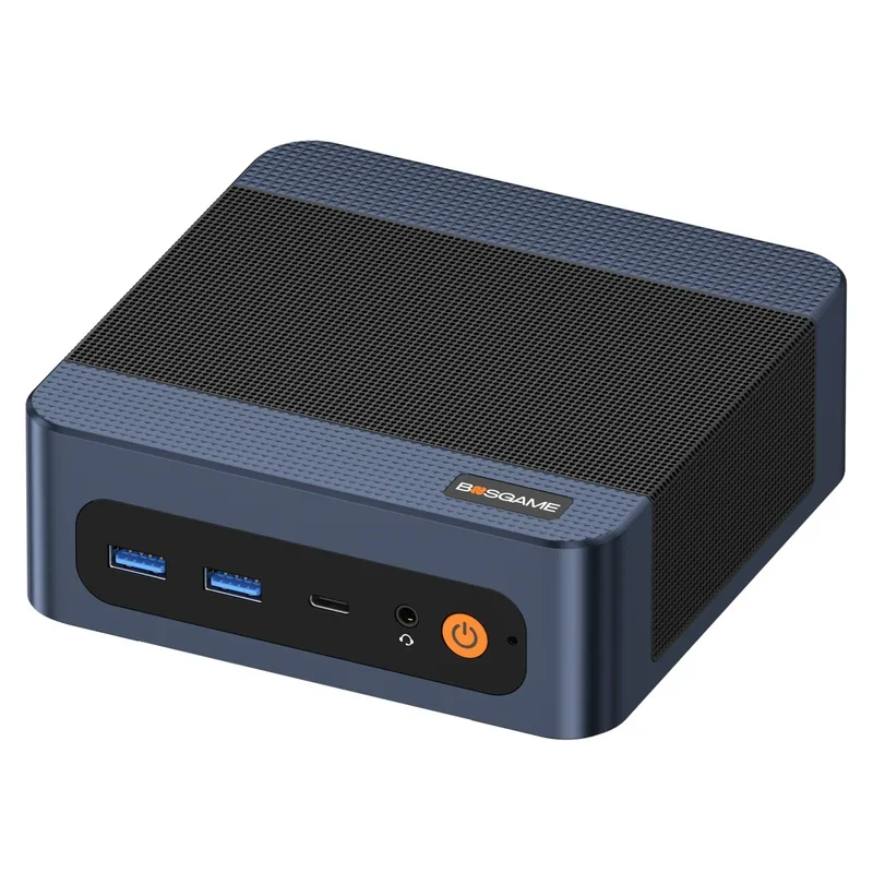 A compact BMAX PC model B5GAME featuring two USB 3.0 ports, a USB-C port, an audio jack, and a power button on the front panel.