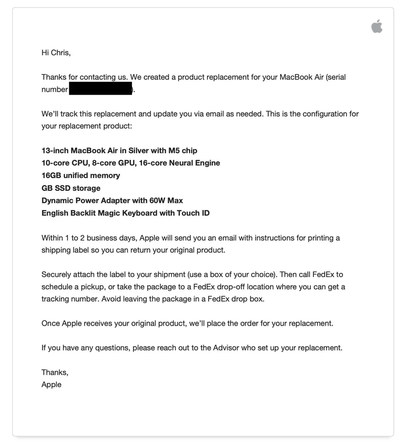 Apple replaced a 6-year-old Retina MacBook Air with an M5 MacBook Air