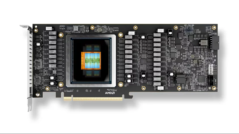 An AMD Instinct MI200 graphics card displaying its GPU architecture on the board.