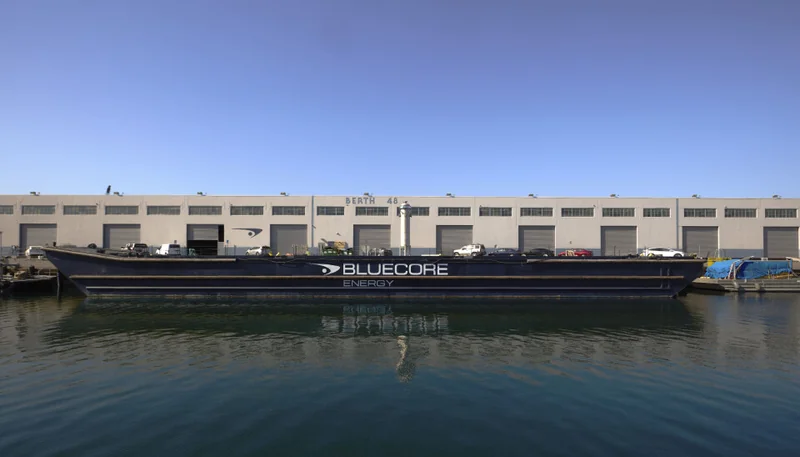 A Bluecore barge moored at the company's headquarters in the Port of Long Beach, California