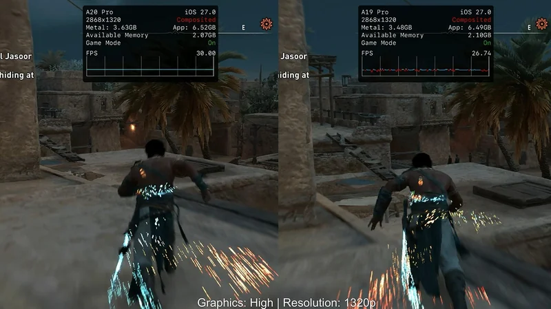 A side-by-side comparison in a game, showing an A20 Pro device vs. an A19 Pro device, both running iOS 27.0 with 'Composited' mode, at a resolution of 2868x1320, displaying different FPS rates.
