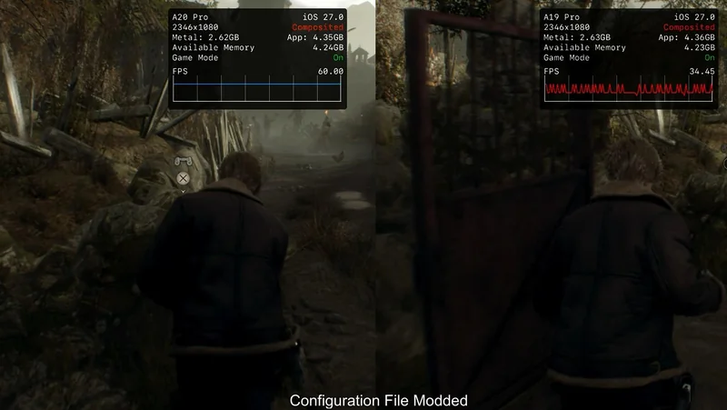 Side-by-side comparison of a game running at 60 FPS on an 'A20 Pro' with 'Game Mode On' and 34.45 FPS on an 'A19 Pro' with 'Game Mode On', showing a character exploring a rural environment, with text 'Configuration File Modded' at the bottom.