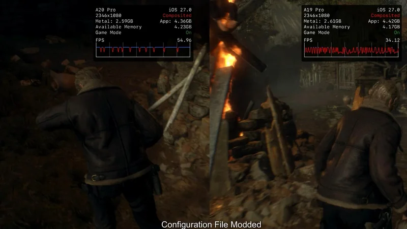 A video game scene shows two performance comparisons with “Configuration File Modded” text, highlighting the 'A20 Pro' at 54.96 FPS and the 'A19 Pro' at 34.12 FPS, both running iOS 27.0.