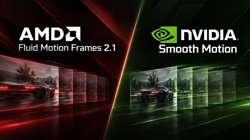 A comparison image featuring 'AMD Fluid Motion Frames 2.1' on the left and 'NVIDIA Smooth Motion' on the right, both showing cars moving across multiple frames with motion blur effects in red and green themes respectively.