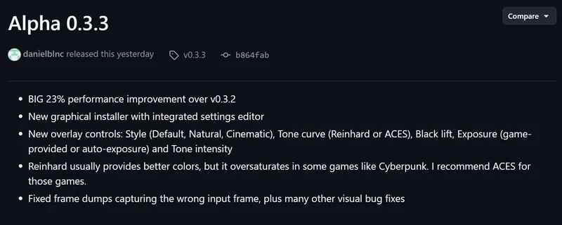 The image shows release notes for 'Alpha 0.3.3' featuring a 23% performance improvement over 'v0.3.2', a new graphical installer with settings editor, new overlay controls, and several visual bug fixes.