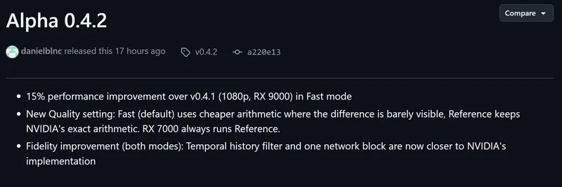A GitHub release note for 'Alpha 0.4.2' highlights 15% performance improvement over v0.4.1 in Fast mode and a new quality setting with improvements closer to NVIDIA's implementation.