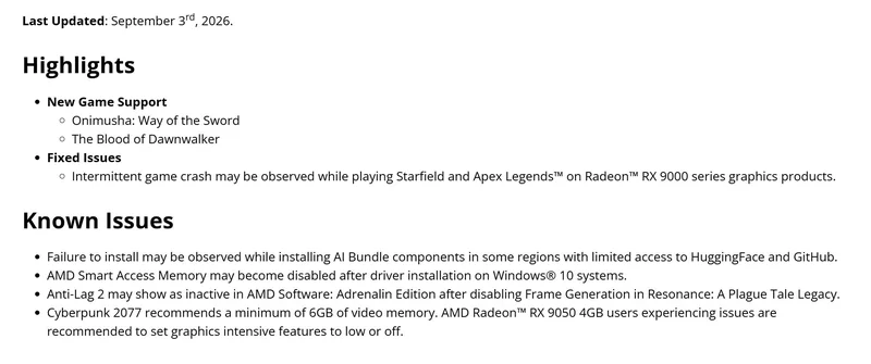 A changelog shows game support updates for Onimusha: Way of the Sword and The Blood of Dawnwalker alongside known issues related to AMD Radeon RX 9000 series graphics products.