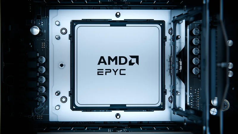 A close-up view of an AMD EPYC processor installed on a motherboard.