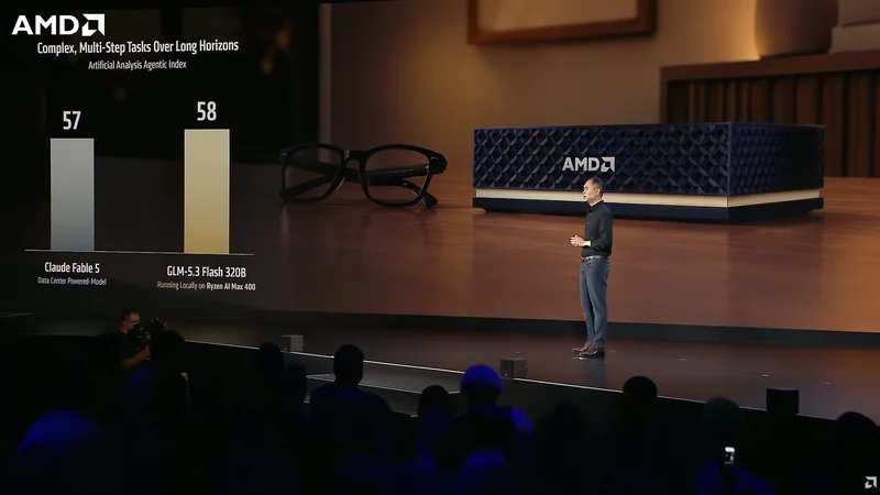 An AMD presentation slide shows a bar chart titled 'Complex, Multi-Step Tasks Over Long Horizons,' with the GLM-5.3 Flash 320B scoring 58, outperforming Claude Fable 5 at 57, alongside a presenter on stage with an AMD device.