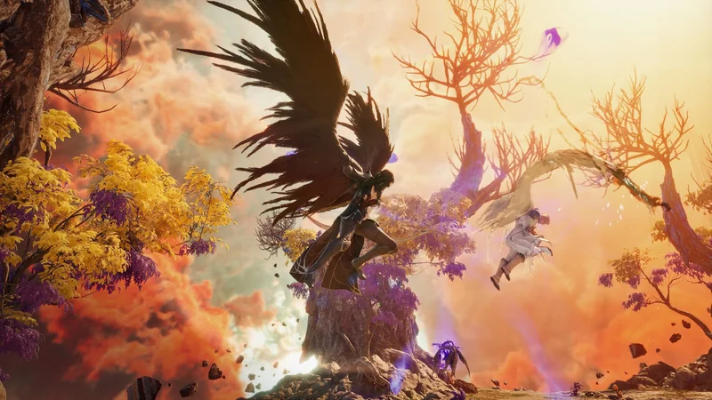 A character with large black wings is flying in a fantasy landscape from the game Aion 2, surrounded by colorful trees and swirling clouds.