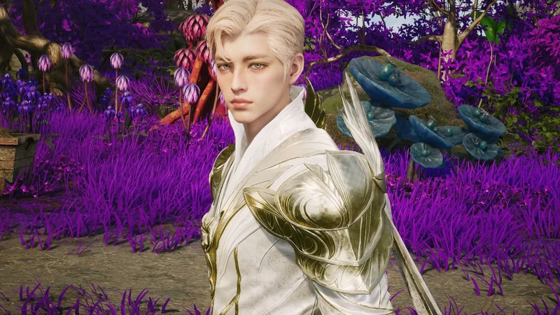 A character in Aion 2 stands in vibrant purple and green foliage, wearing ornate white and gold armor.