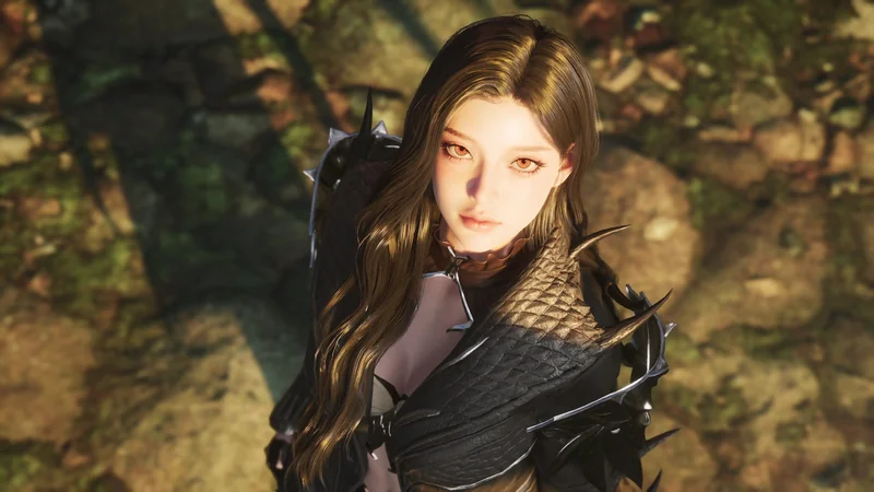 A character from the game Aion 2 wearing detailed armor looks up towards the viewer in a forest setting.