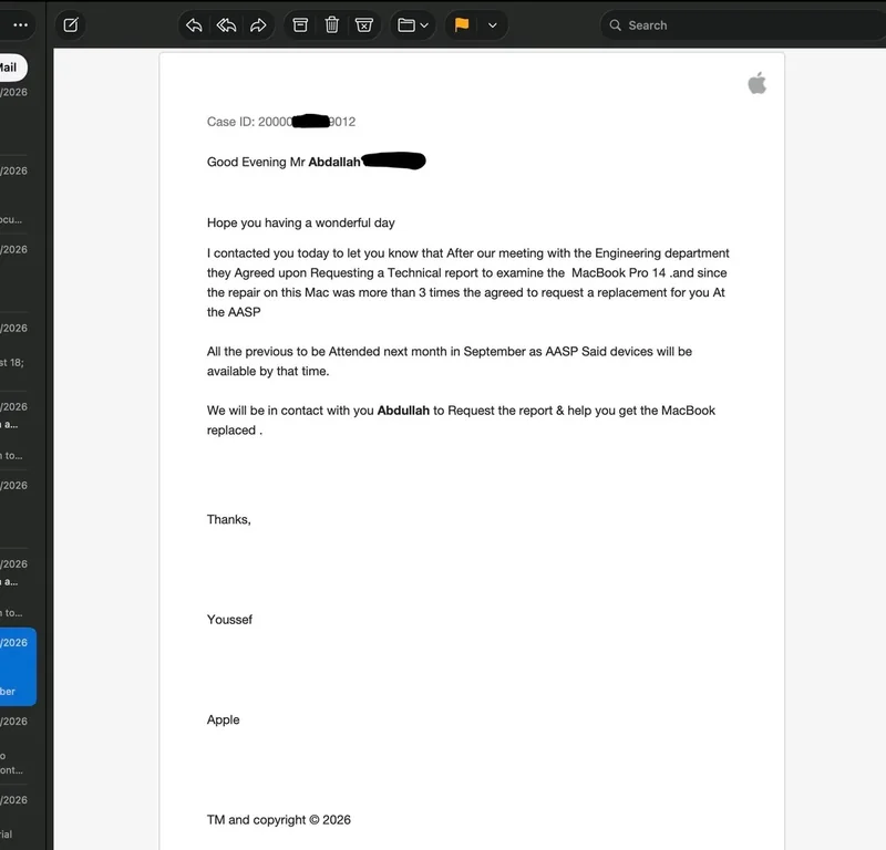 A screenshot of an email on what appears to be an Apple device, discussing a technical report request for a MacBook Pro 14 and potential replacement due to repair issues.