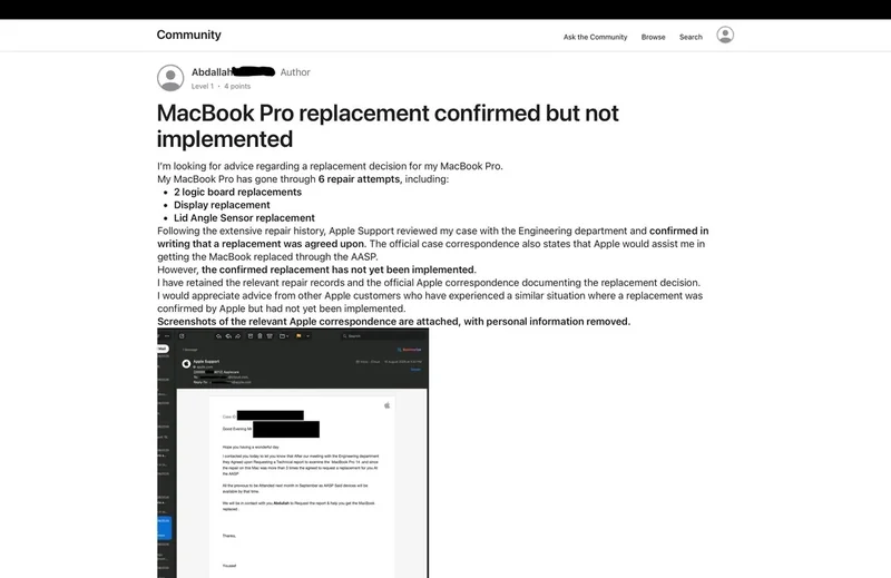 A community forum post discusses a confirmed but not implemented MacBook Pro replacement after six repair attempts, including logic board and display replacements, with attached redacted Apple correspondence.
