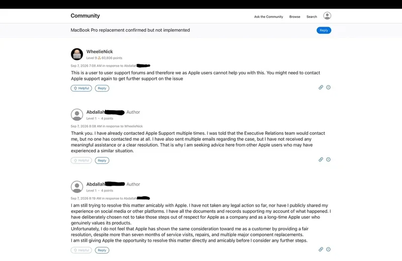 A screenshot of a community forum on Apple support, with multiple users discussing unresolved MacBook Pro replacement issues and advice on seeking further assistance.
