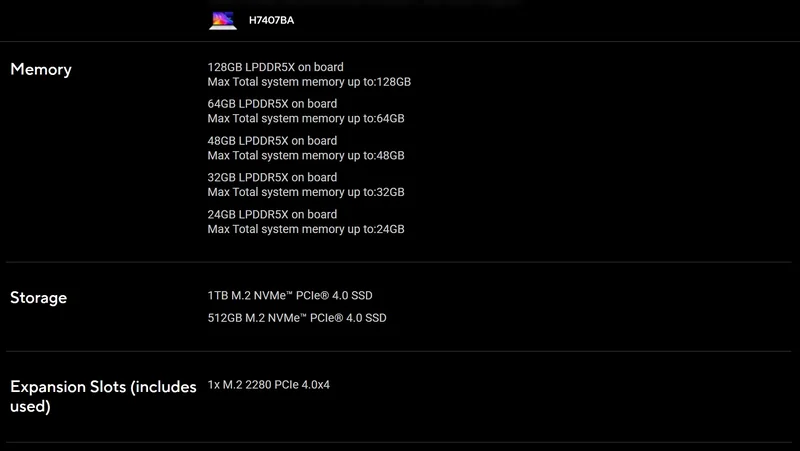 The image shows specifications for device model 'H7407BA,' detailing memory options ranging from 24GB to 128GB LPDDR5X, storage options of 1TB and 512GB M.2 NVMe PCIe 4.0 SSDs, and one M.2 2280 PCIe 4.0 expansion slot.