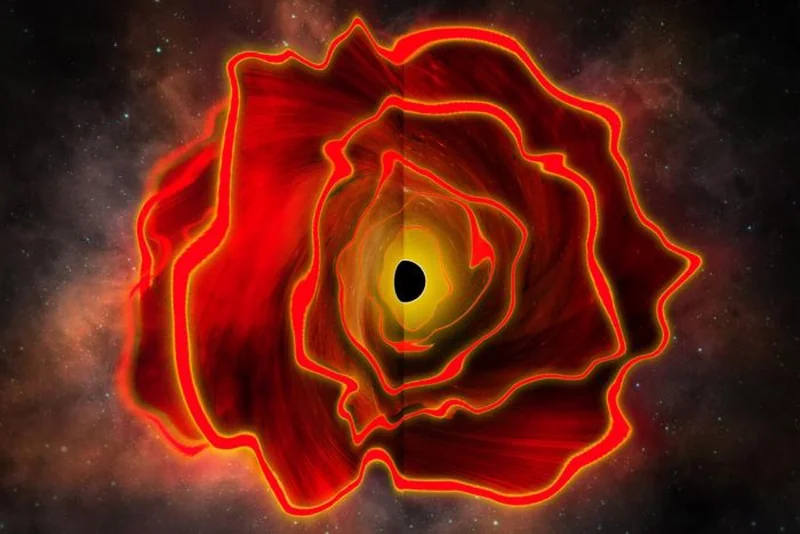 artist's representation of a “black hole star,” an extremely bright red spot in the early universe.
