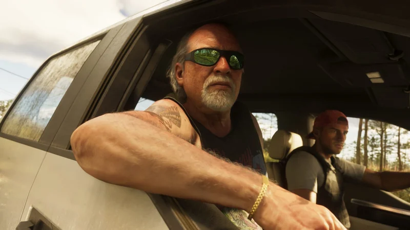 Two characters in 'GTA 6' are sitting inside a vehicle with one looking out the window.