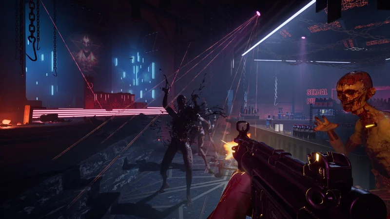 A player in a first-person shooter game fires at zombie-like creatures in a neon-lit nightclub setting, with the sign 'Sexual Punishment' visible in the background.