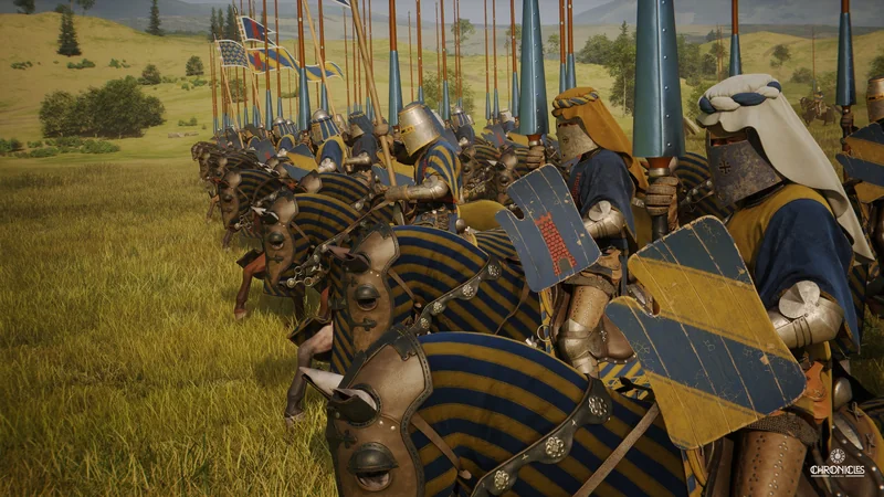 A squadron of medieval knights in blue and yellow armor prepares for battle on horseback in the game 'CHRONICLES.'