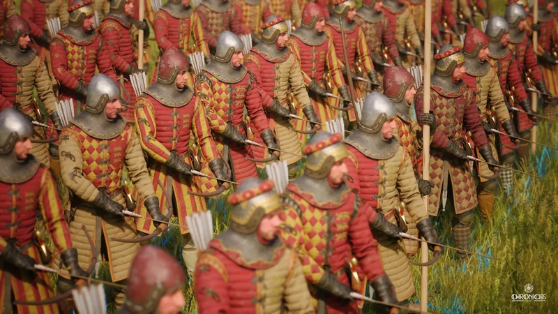 A close-up from the game Lords of the Fallen shows a formation of archers in red and yellow armor, holding bows and arrows, with the logo 'CHRONICLES' at the bottom right.