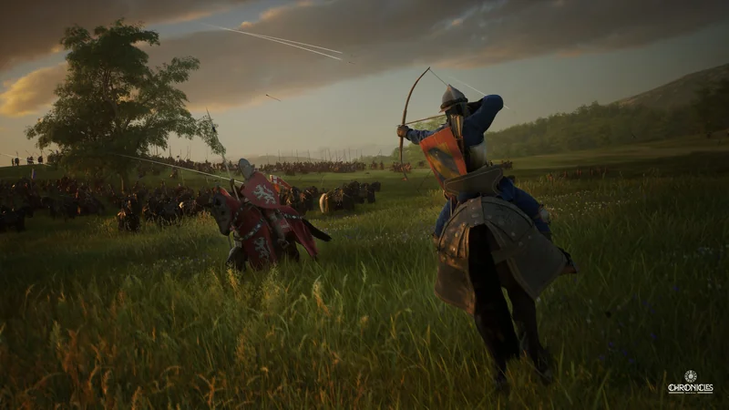 An archer on horseback aims at a distant medieval battle scene in the game 'Kingdom Come: Deliverance,' with a logo visible in the corner.