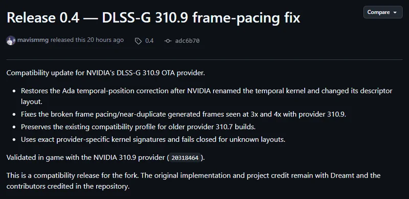 A screenshot of the MFGAdaUnlock-RenoDx GitHub project showing the patch notes for Release 0.4.