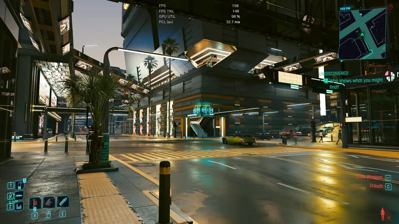 A scene from the game Cyberpunk 2077 showing a futuristic city street with performance stats displayed as 'FPS 158', 'GPU UTIL 98%', and a mini-map in the upper right corner.
