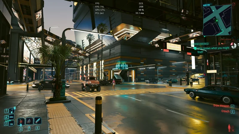 A scene from the game Cyberpunk 2077 showing a futuristic city street with on-screen stats including 'FPS 223' and a minimap in the top right corner.