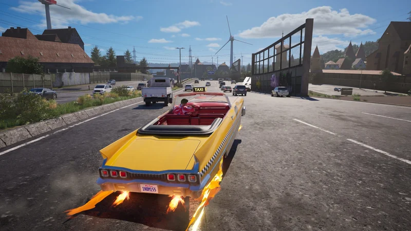 A yellow taxi with flames shoots from its wheels as it drives on a busy road with wind turbines in the distance.