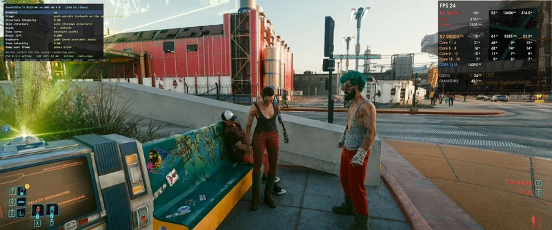 A scene from the video game 'Cyberpunk 2077' shows three characters standing by a graffiti-covered bench in an urban environment, with a performance overlay displaying 'FPS 24' and hardware details like 'RX 9070 XT' and 'R7 9800X3D'.