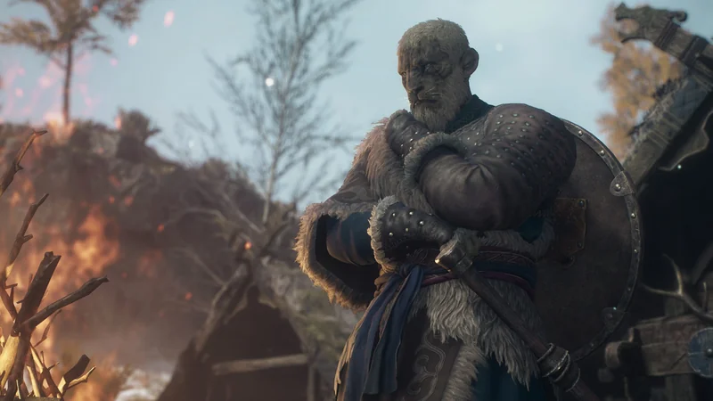 A character in fur armor standing with arms crossed next to a burning fire in a Viking-age setting.