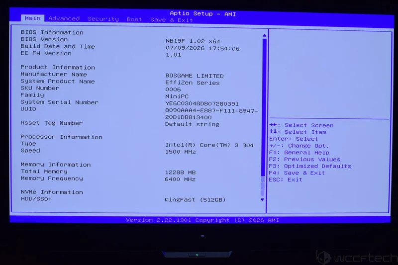 A BIOS setup screen titled 'Aptio Setup - AMI' shows system information including a BOSGAME LIMITED MiniPC with Intel Core i3 304 processor running at 1500 MHz, 12288 MB memory at 6400 MHz, and a KingFast 512GB SSD.