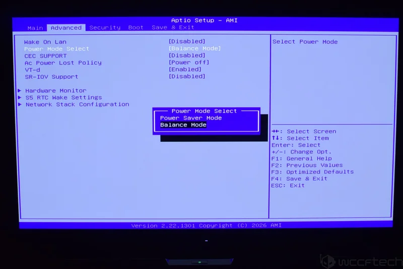 The image shows an Aptio Setup - AMI BIOS interface with the option 'Power Mode Select' highlighted and set to 'Balance Mode'.