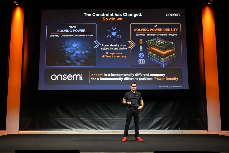 A presenter stands in front of an Onsemi slide titled 'The Constraint has Changed,' discussing a transition from 'Solving Power' to 'Solving Power Density.'