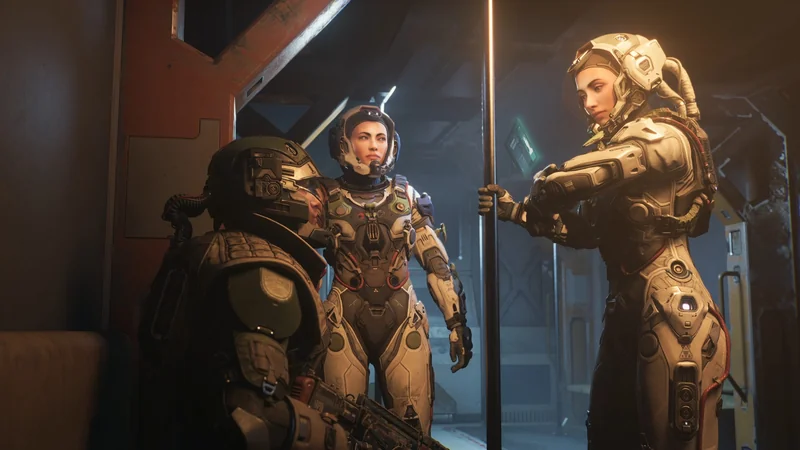 Characters in sci-fi space suits engage in a conversation inside a futuristic spacecraft setting from Starfield.