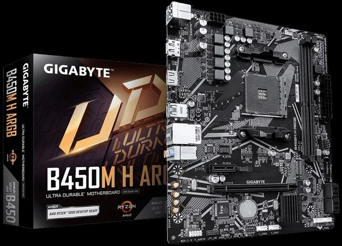 A Gigabyte B450M H ARGB Ultra Durable motherboard is displayed alongside its packaging box.