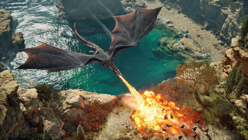 A dragon breathing fire onto a group of soldiers near a cliffside in the game Game of Thrones: War for Westeros.