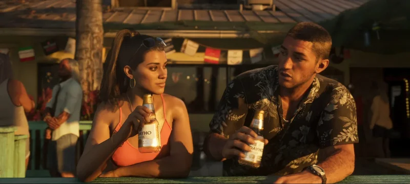 Two characters in a GTA 6 scene are holding 'PLAYHO Tequila' bottles at a sunlit outdoor bar.