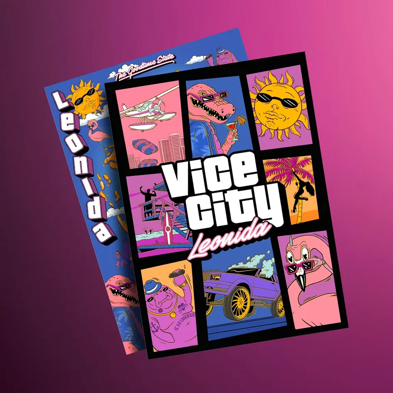 Posters with cartoonish graphics featuring 'Vice City Leonida' and 'Leonida' text against a vibrant background.