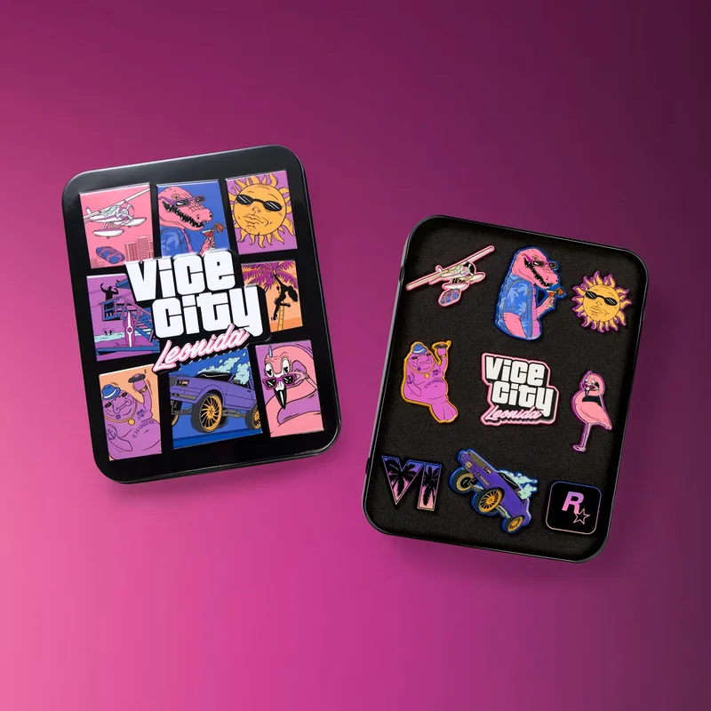 Two boxes with graphic designs and pins themed around 'Vice City Leonida' on a magenta background.