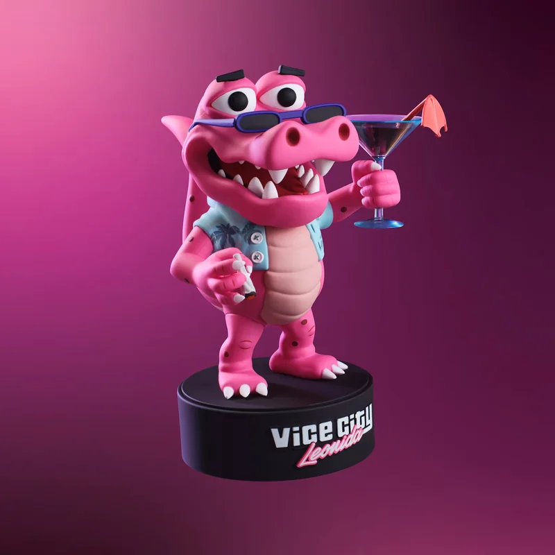 A pink cartoon alligator figurine wearing sunglasses and a tropical shirt is holding a cocktail and standing on a base labeled 'Vice City Leonida.'