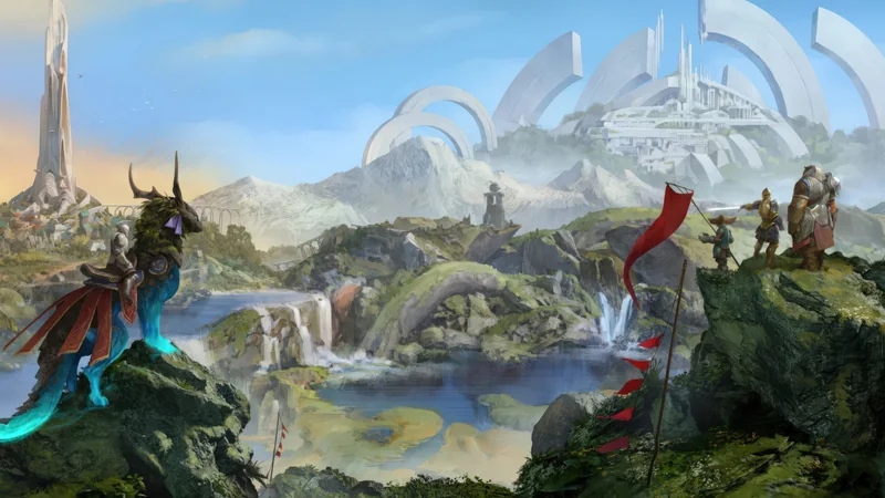 A fantastical landscape features armored characters and a mounted figure overlooking a valley with waterfalls and a futuristic city in the background.