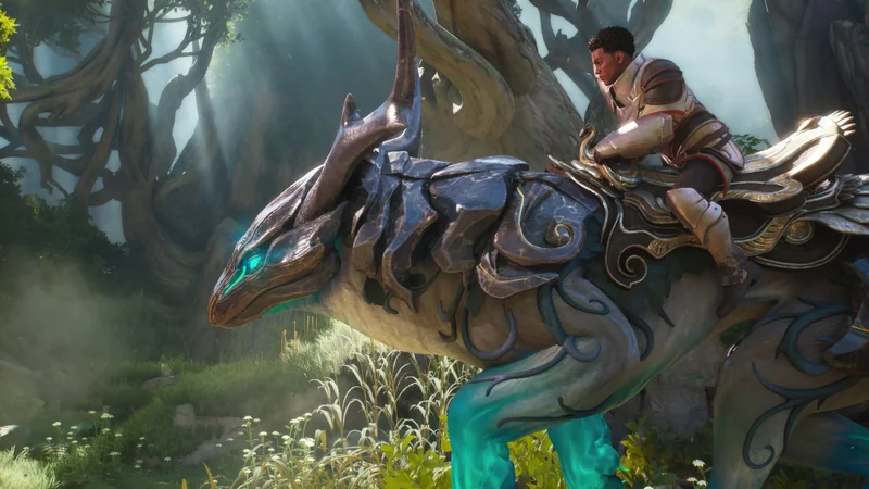 A character in armor rides a fantastical, armored creature with glowing cyan eyes through an ancient, wooded environment.