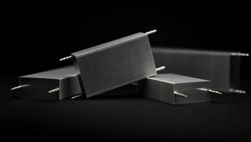 A close-up of four finned metal heat sink blocks with screw threads, arranged on a black surface.