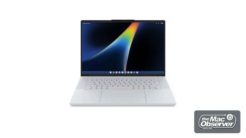 A white laptop with a colorful wallpaper on its screen displaying the Chrome OS interface, featuring the time '9:36 AM' and various app icons on the dock.