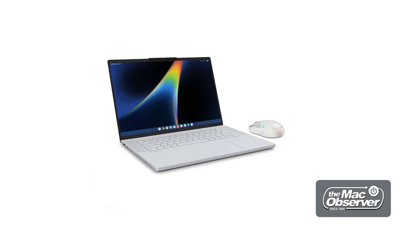 A white Samsung Chromebook with a Lenovo gaming mouse is displayed against a plain background.